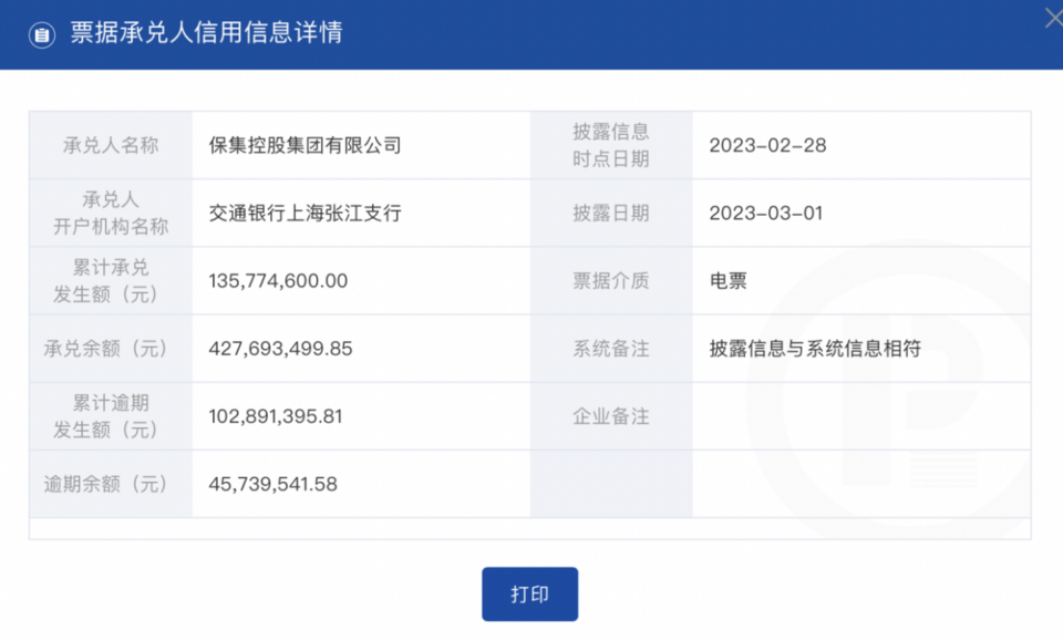 2023年1月至2月保集控股集团有限公司累计逾期1亿余元,逾期余额4573万元被通报